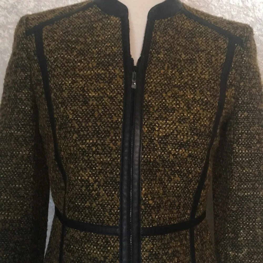 Classiques Entier Black/Brown Leather trim Wool tweed Jacket Size S NWT
